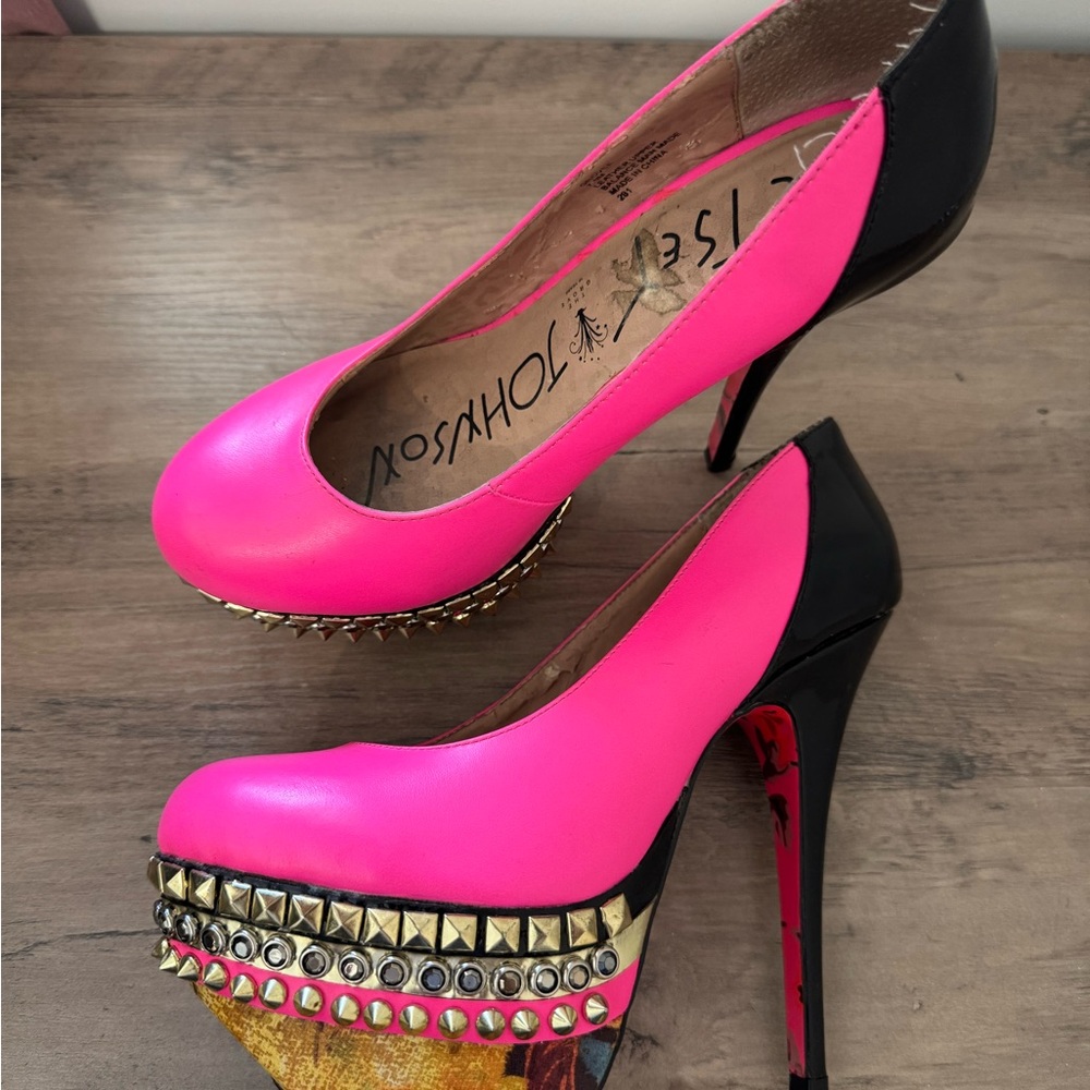 Betsey Johnson Pink and Black Studded Heels